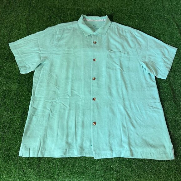 Tommy Bahama Short Sleeve Floral Textured Woven Silk Solid Green Shirt Size XL - Picture 1 of 16